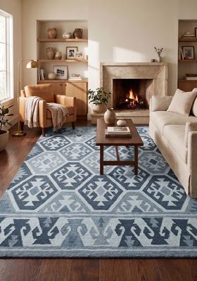 Saffron Rugs Hand Tufted Steel Blue Geometric  Rectangular Wool Area Rug