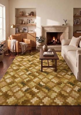 Saffron Rugs Hand Tufted Golden Olive Geometric  Rectangular Wool Area Rug