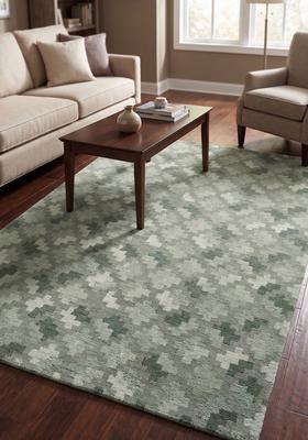 Saffron Rugs Hand Tufted Sage Green Geometric  Rectangular Wool Area Rug