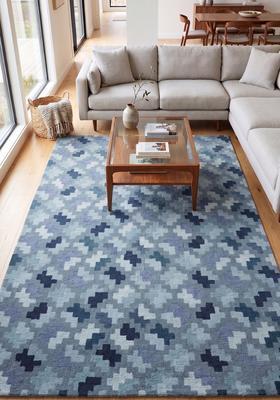 Saffron Rugs Hand Tufted Steel Blue Grey Geometric  Rectangular Wool Area Rug