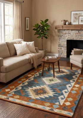 Saffron Rugs Hand Tufted Multicolor Blue Orange Geometric  Rectangular Wool Area Rug