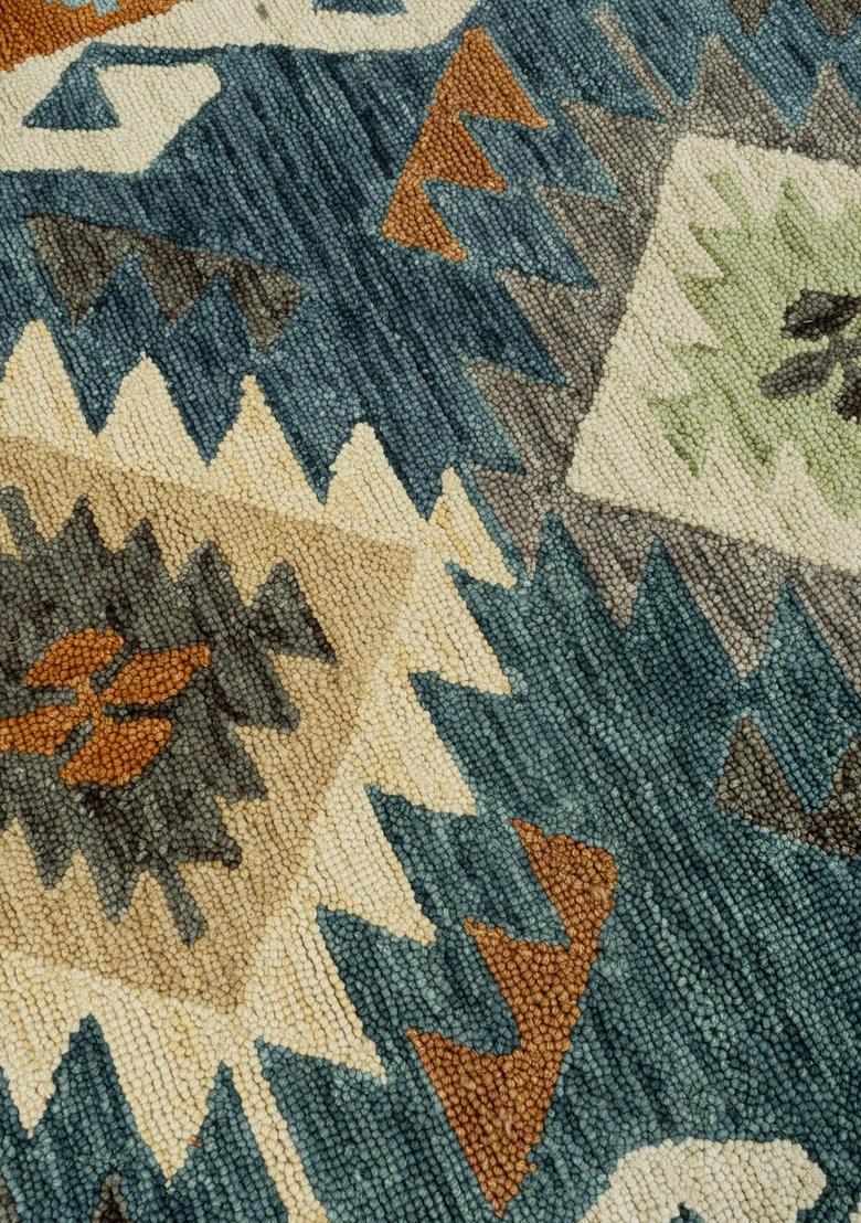 Saffron Rugs Hand Tufted Multicolor Blue Orange Geometric  Rectangular Wool Area Rug - Indya