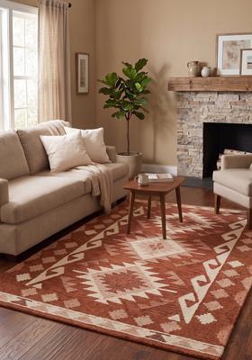 Saffron Rugs Hand Tufted Rust Brown Geometric  Rectangular Wool Area Rug