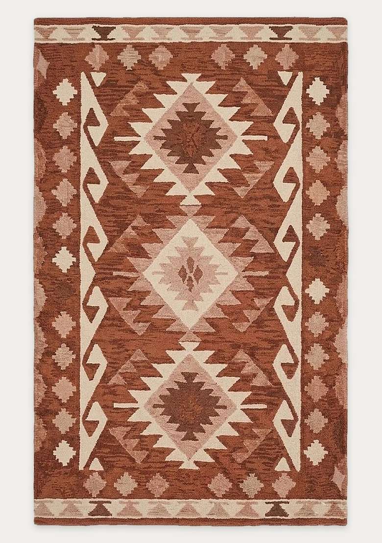 Saffron Rugs Hand-Tufted 100% Wool Area Rug | Rust Brown Rectangular Rug | Cotton Backing | Bohemian Geometric Carpet for Living Room - Indya