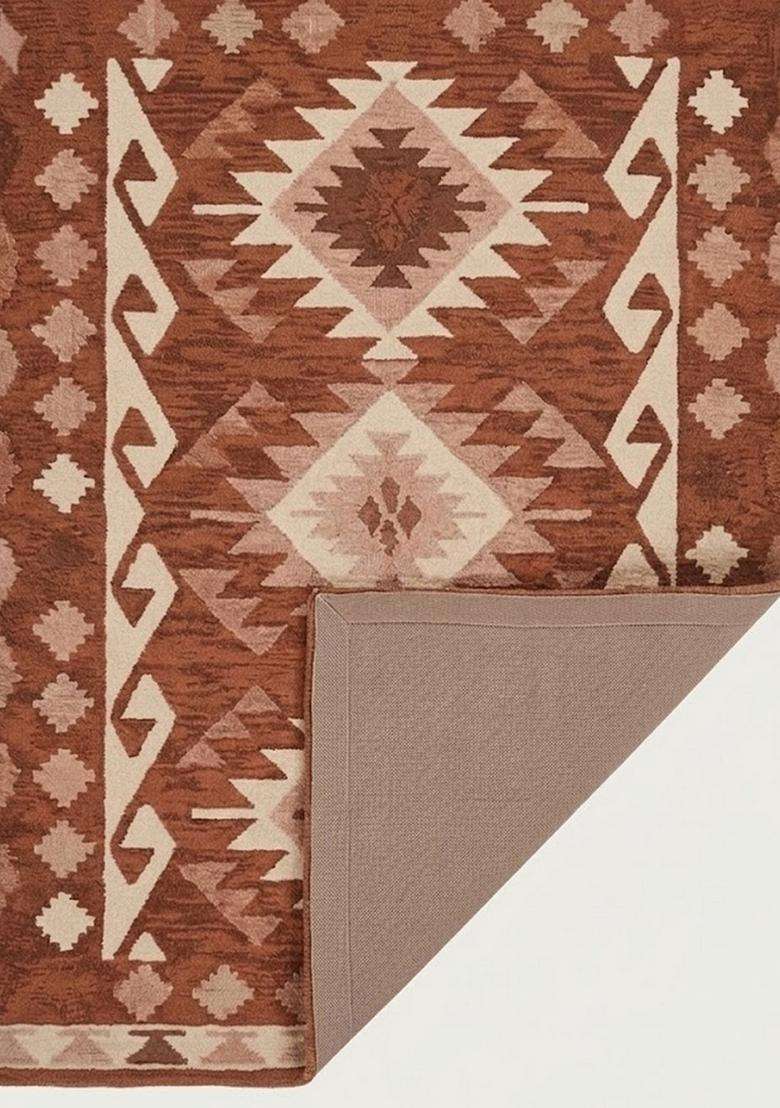 Saffron Rugs Hand-Tufted 100% Wool Area Rug | Rust Brown Rectangular Rug | Cotton Backing | Bohemian Geometric Carpet for Living Room - Indya