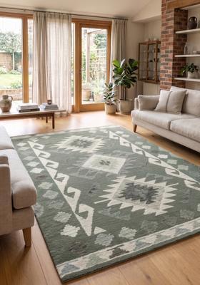 Saffron Rugs Hand Tufted Grey Green Geometric  Rectangular Wool Area Rug
