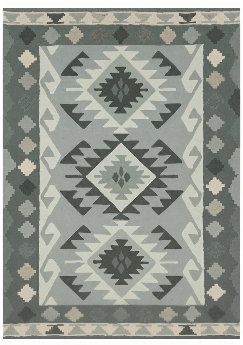 Saffron Rugs Hand Tufted Grey Green Geometric  Rectangular Wool Area Rug - Indya
