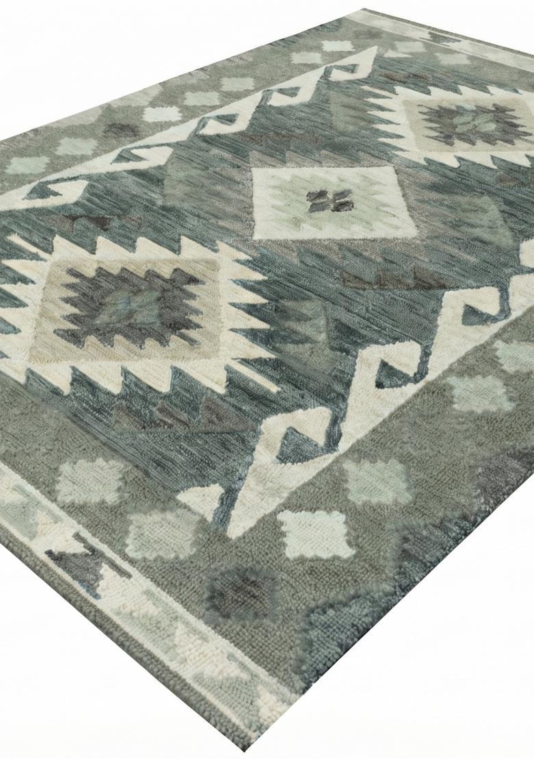 Saffron Rugs Hand Tufted Grey Green Geometric  Rectangular Wool Area Rug - Indya