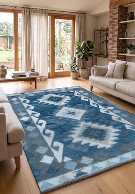 Saffron Rugs Hand Tufted Blue Grey Geometric  Rectangular Wool Area Rug