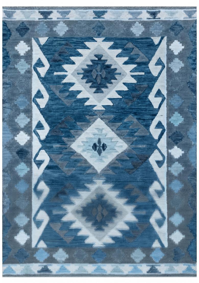 Saffron Rugs Hand Tufted Blue Grey Geometric  Rectangular Wool Area Rug - Indya
