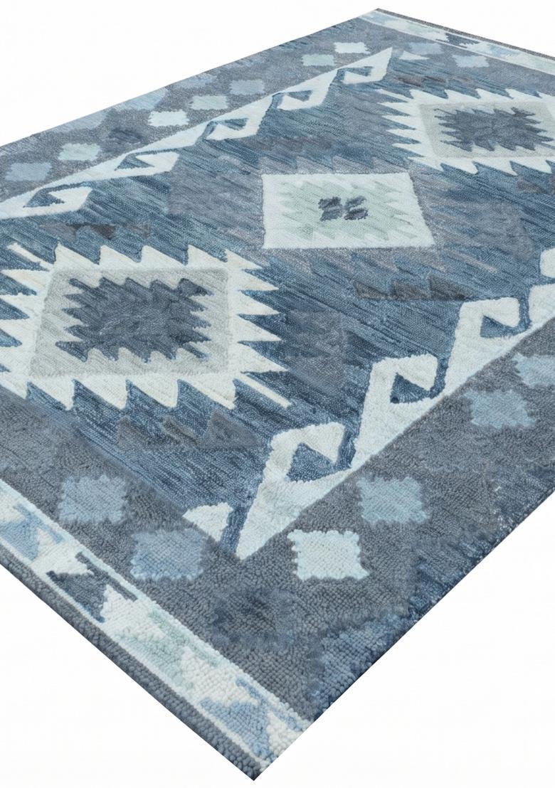 Saffron Rugs Hand Tufted Blue Grey Geometric  Rectangular Wool Area Rug - Indya
