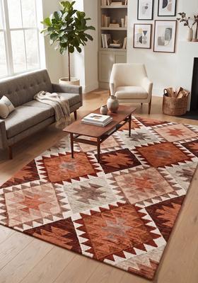 Saffron Rugs Hand Tufted Terracotta Orange Geometric  Rectangular Wool Area Rug