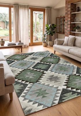 Saffron Rugs Hand Tufted Sage Green Geometric  Rectangular Wool Area Rug