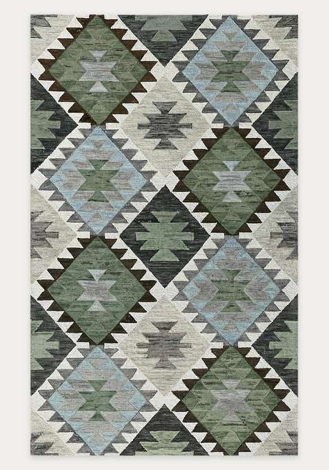 100% Wool Handmade Sage Green Rug | Bohemian Geometric Carpet With Cotton Backing For Living Room