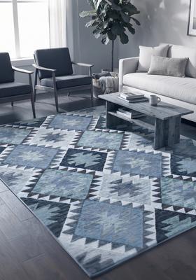Saffron Rugs Hand Tufted Blue Grey Geometric  Rectangular Wool Area Rug