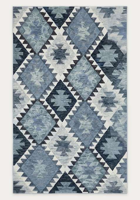 100% Wool Handmade Blue Grey Rug | Bohemian Geometric Carpet With Cotton Backing For Living Room