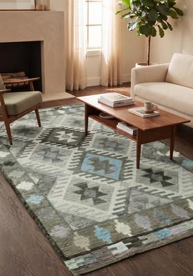 Saffron Rugs Hand Tufted Grey Green Geometric  Rectangular Wool Area Rug