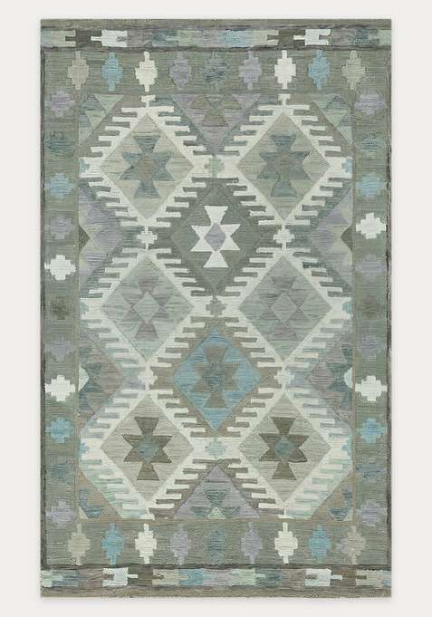 100% Wool Handmade Grey Green Rug | Bohemian Geometric Carpet With Cotton Backing For Living Room