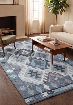 Saffron Rugs Hand Tufted Steel Blue Geometric  Rectangular Wool Area Rug