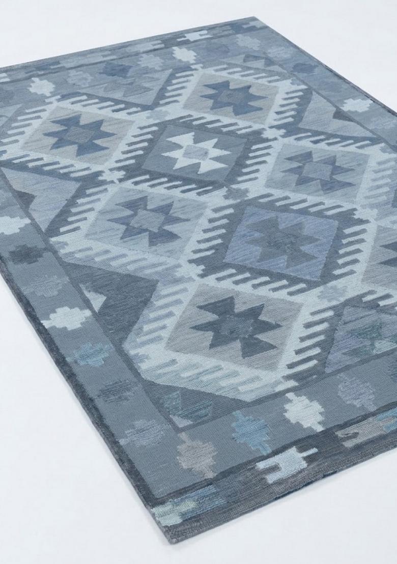 Saffron Rugs Hand Tufted Steel Blue Geometric  Rectangular Wool Area Rug - Indya