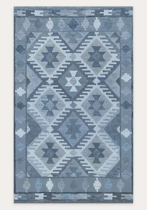 100% Wool Handmade Steel Blue Rug | Bohemian Geometric Carpet With Cotton Backing For Living Room