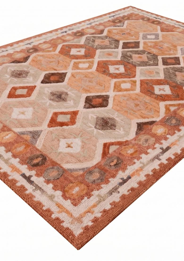 Saffron Rugs Hand Tufted Terracotta Orange Geometric  Rectangular Wool Area Rug - Indya