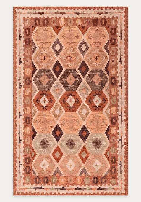100% Wool Handmade Terracotta Orange Rug | Bohemian Geometric Carpet With Cotton Backing For Living Room