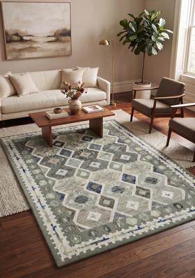 Saffron Rugs Hand Tufted Sage Green Geometric  Rectangular Wool Area Rug