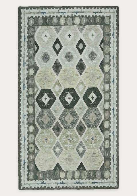 100% Wool Handmade Sage Green Rug | Bohemian Geometric Carpet With Cotton Backing For Living Room
