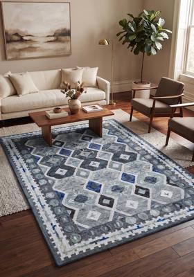 Saffron Rugs Hand Tufted Blue Grey Geometric  Rectangular Wool Area Rug