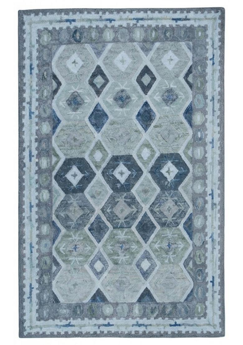 Saffron Rugs Hand Tufted Blue Grey Geometric  Rectangular Wool Area Rug - Indya
