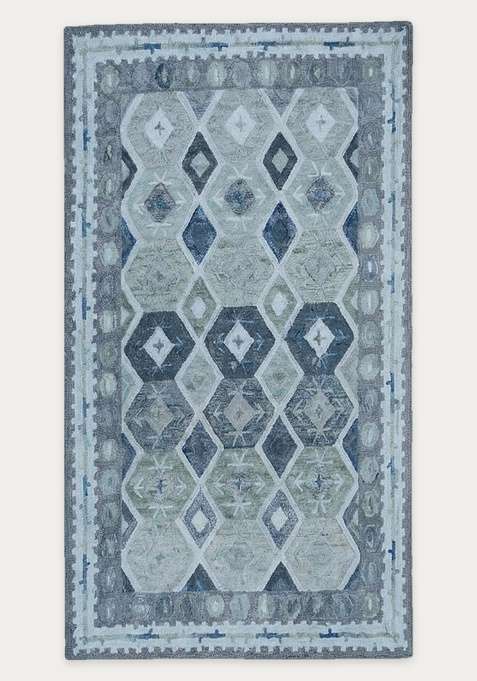100% Wool Handmade Blue Grey Rug | Bohemian Geometric Carpet With Cotton Backing For Living Room