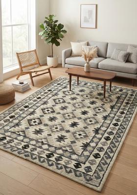 Saffron Rugs Hand Tufted Beige Grey Geometric  Rectangular Wool Area Rug
