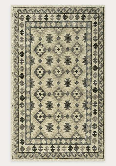 100% Wool Handmade Beige Grey Rug | Transitional Geometric Carpet With Cotton Backing For Living Room