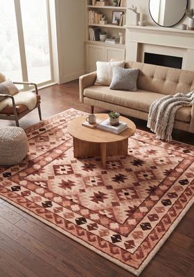 Saffron Rugs Hand Tufted Terracotta Beige Geometric  Rectangular Wool Area Rug