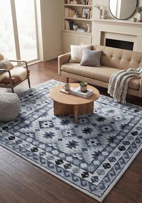 Saffron Rugs Hand Tufted Light Blue Grey Geometric  Rectangular Wool Area Rug