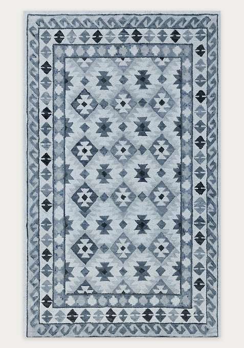 100% Wool Handmade Light Blue Grey Rug | Transitional Geometric Carpet With Cotton Backing For Living Room