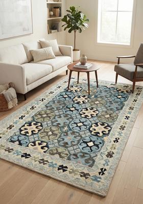 Saffron Rugs Hand Tufted Blue Teal Geometric  Rectangular Wool Area Rug