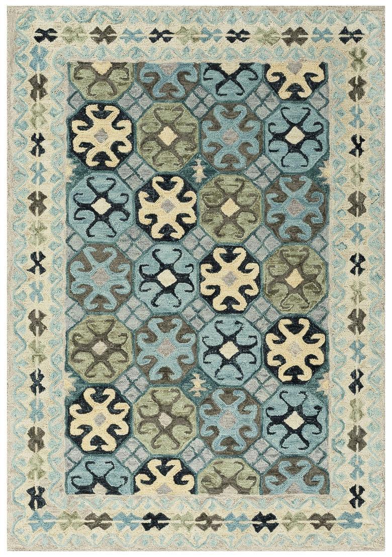 Saffron Rugs Hand Tufted Blue Teal Geometric  Rectangular Wool Area Rug - Indya