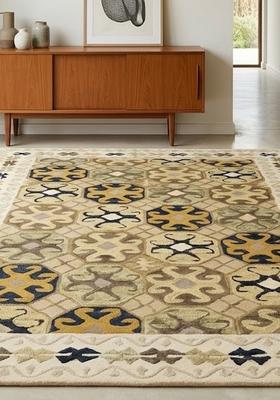 Saffron Rugs Hand Tufted Beige Gold Geometric  Rectangular Wool Area Rug