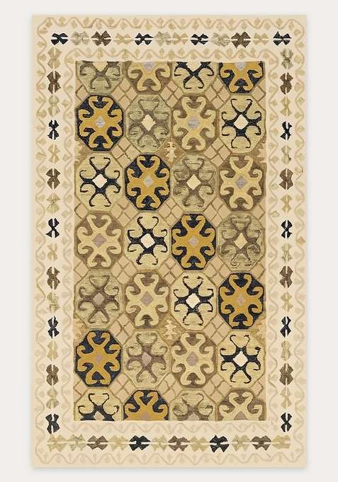 100% Wool Handmade Beige Gold Rug | Moroccan Geometric Carpet With Cotton Backing For Living Room
