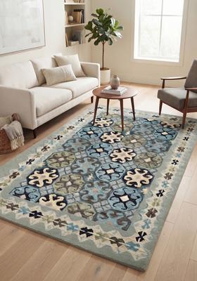 Saffron Rugs Hand Tufted Light Blue Grey Geometric  Rectangular Wool Area Rug