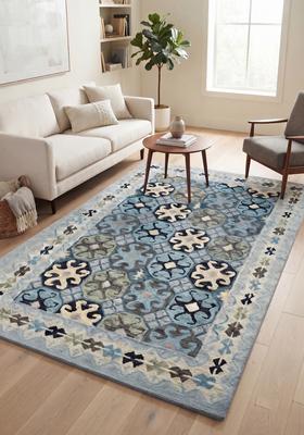 Saffron Rugs Hand Tufted Light Blue Geometric  Rectangular Wool Area Rug