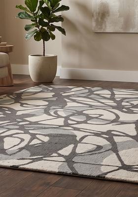Saffron Rugs Hand Tufted Cream and Grey Swirls  Rectangular Wool Area Rug