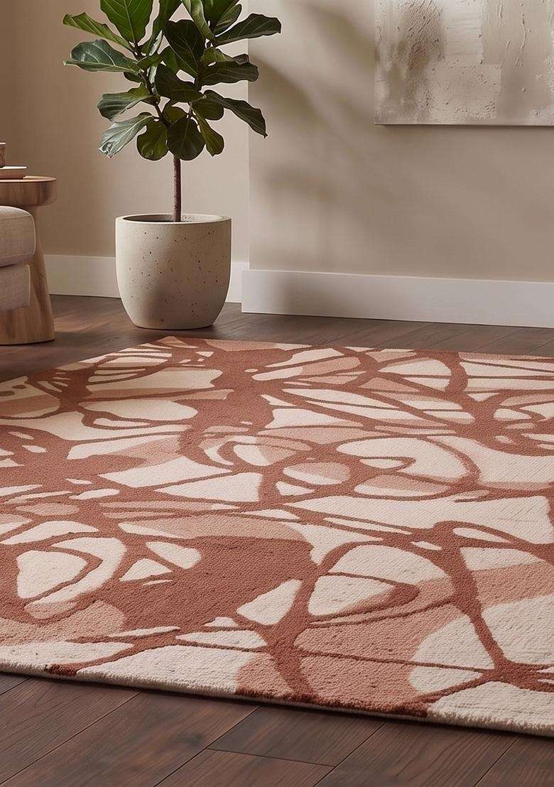 Saffron Rugs Hand-Tufted 100% Wool Area Rug | Terracotta Brown Rectangular Rug | Cotton Backing | Contemporary Swirls Carpet for Living Room - Indya