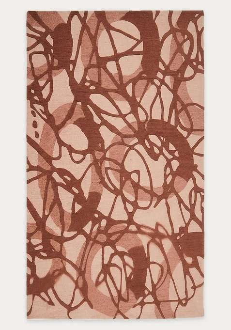 100% Wool Handmade Terracotta Brown Rug | Contemporary Swirls Carpet With Cotton Backing For Living Room