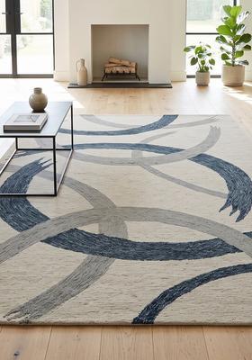 Saffron Rugs Hand Tufted Cream Blue Grey Swirls  Rectangular Wool Area Rug