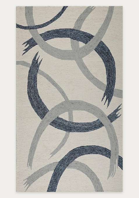 100% Wool Handmade Cream Blue Grey Rug | Contemporary Swirls Carpet With Cotton Backing For Living Room