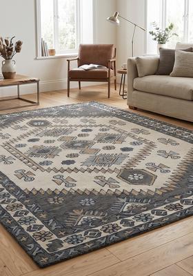 Saffron Rugs Hand Tufted Grey Ivory Geometric  Rectangular Wool Area Rug