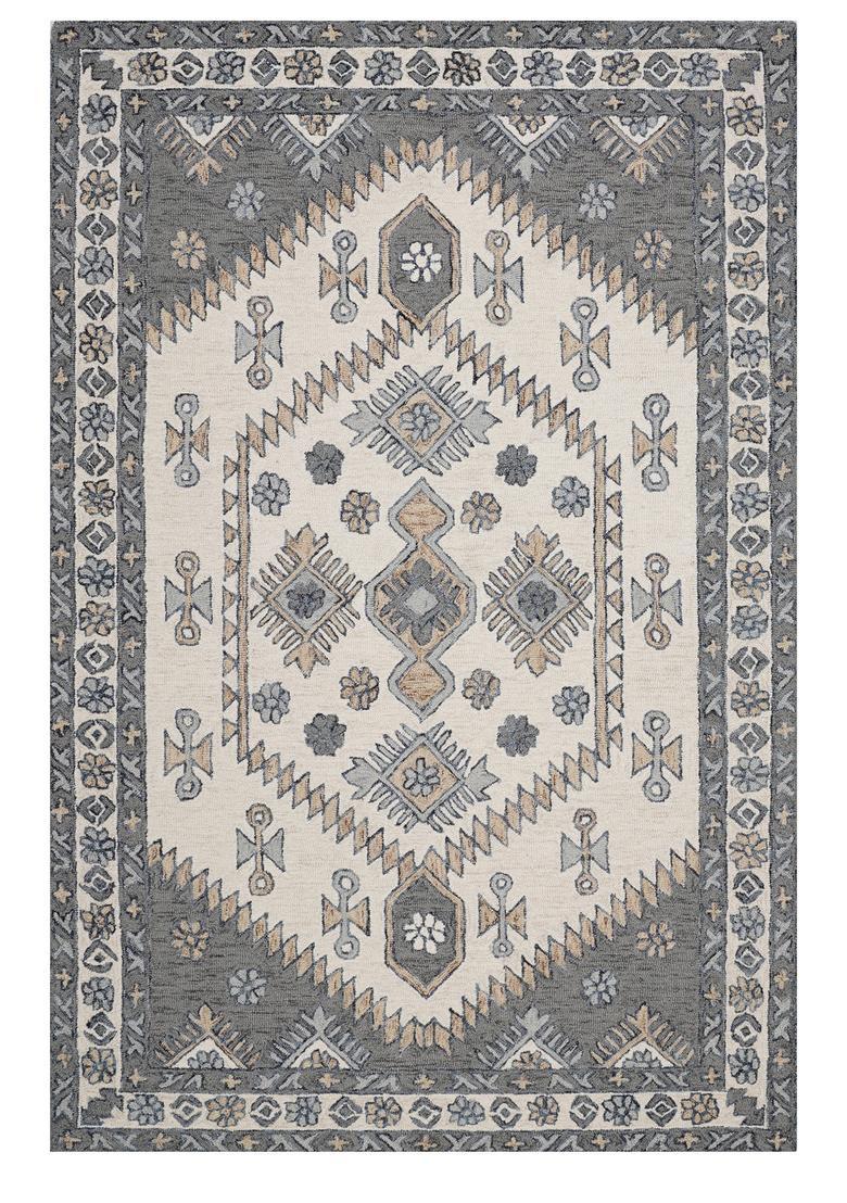 Saffron Rugs Hand Tufted Grey Ivory Geometric  Rectangular Wool Area Rug - Indya